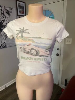 Hollister White 'French Riviera' Graphic Crop Tee summer school cool car lover
